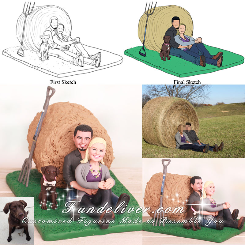 Bride and Groom Sitting with Bale of Hay Wedding Cake Toppers